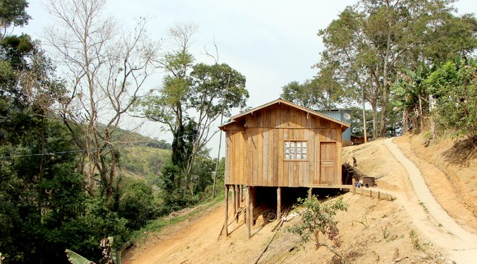 Pequena casa de madeira construída sobre palafitas na encosta de um morro de terra, cercado por poucas árvores