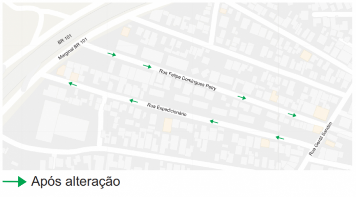 Mapa do bairro Praia Comprida, em São José, indicando os novos sentidos das ruas do Expedicionário e Felipe Petry