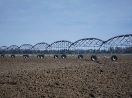 Irrigador industrial mecânico sobre uma grande lavoura de terra seca