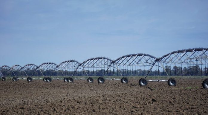 Irrigador industrial mecânico sobre uma grande lavoura de terra seca