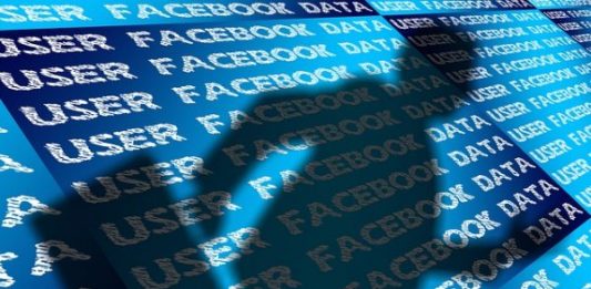 Montagem gráfica de uma silhueta humana masculina sobre os os dizeres repetidos "user facebook data"