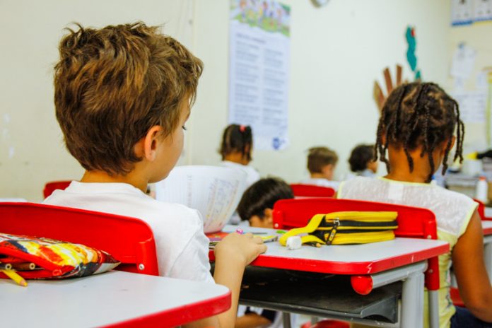 crianças sentadas em carteiras na sala de aula, vista de costas