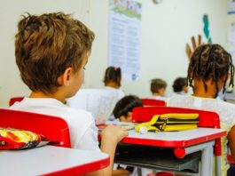 crianças sentadas em carteiras na sala de aula, vista de costas