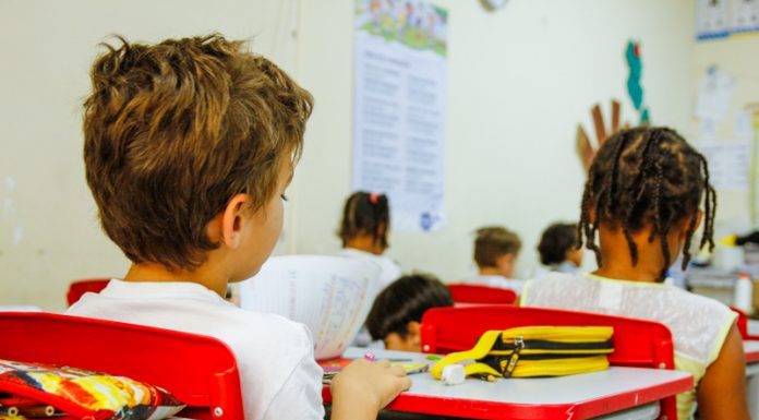 crianças sentadas em carteiras na sala de aula, vista de costas