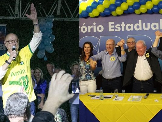 PP e PSDB lançam seus pré-candidatos ao governo estadual montagem de fotos mostrando os candidatos comemorando em evento