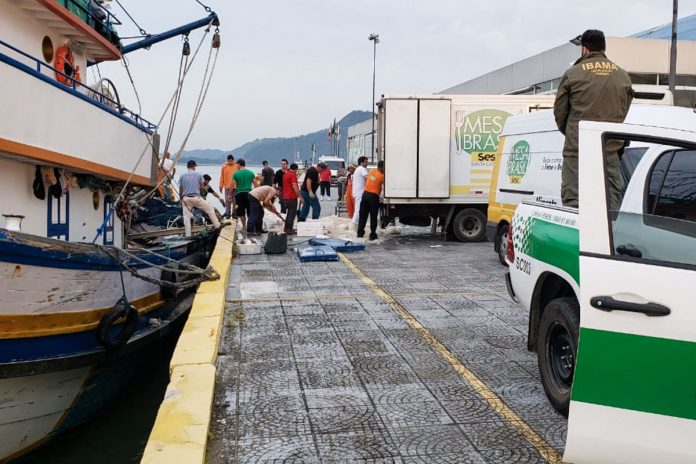 em pequeno cais um barco ancorado à esquerda com um caminhão estacionado à direita e pessoas recolhendo pescado