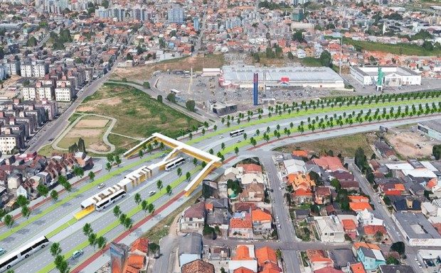 montagem de projeto de via eclusiva de ônibus sobre uma foto aérea da rodovia BR-282 em Florianópolis, mostrando os ônibus em destaque ao centro