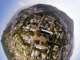 foto aérea distorcida com técnica focal que faz com que o chão pareça redondo, mostrando o campus da ufsc