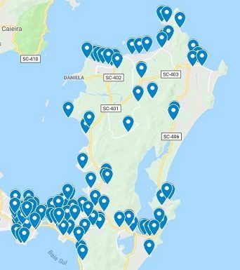 mapa de florianópolis mostrando todos os pontos onde deve haver o wi-fi gratuito