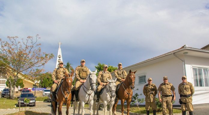 quatro policias em cavalos e três de pé posam para foto em uma praça