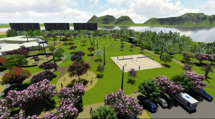 imagem de computador mostrando o projeto do parque com árvores, grandes gramados e quadras de sporte