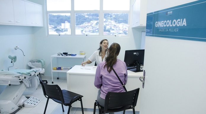 paciente mulher é vista de costas sentada em um consultório sendo atendida por uma médica; ao lado, na porta, está escrito "ginecologia"