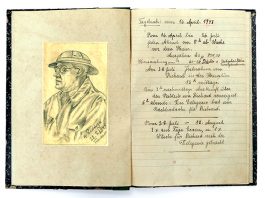 Exposição de documentos inéditos sobre alemães em Santa Catarina na 2ª Guerra imagem de um caderno aberto.; na página da esquerda há uma foto de um homem; na direita, escritos em alemão