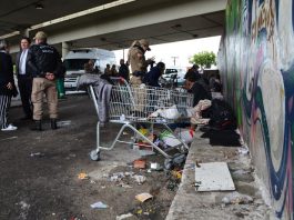 policial feminina conversa olhando no celular com um morador de rua sentado no meio fio ao longo de um muro sob o viaduto; em primeiro plano há um carrinho de supermercado; ao lado algumas outras pessoas (policias e agentes públicos de saúde) conversam