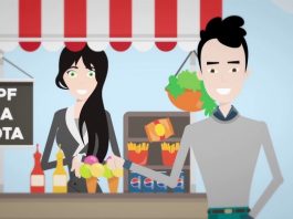 Prefeitura sorteia prêmios da nota fiscal palhocense nesta sexta-feira desenho mostrando um homem comprando em pequeno comércio de feira com uma mulher; ambos sorriem; há uma inscrição "cpf na nota"