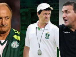 montagem com os rostos de felipão, adilson e cuca usando os uniformes dos clubes