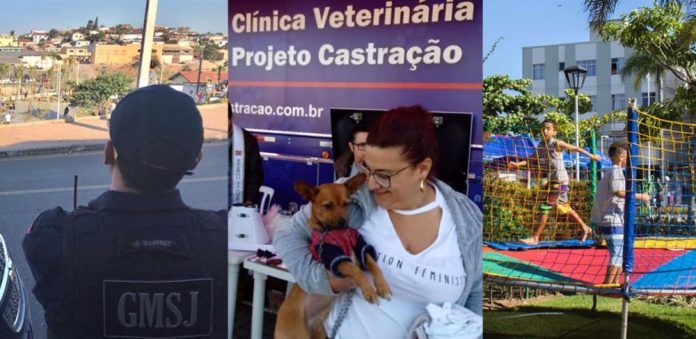 composição de três fotos mostrando guarda municipal, castração de cães e criança brincando em pula pula em uma praça