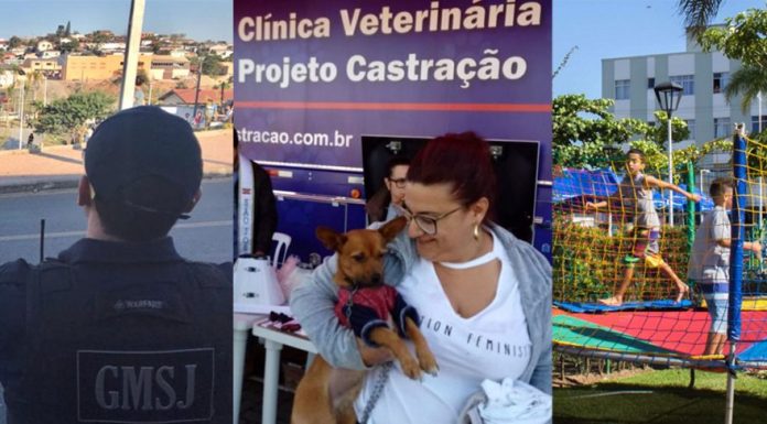 composição de três fotos mostrando guarda municipal, castração de cães e criança brincando em pula pula em uma praça