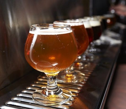 taças com cervejas de cores diferentes alinhas em prateleira de chopeira