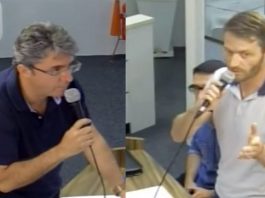 duas imagens lado a lado de sanderson e andré falando na câmara