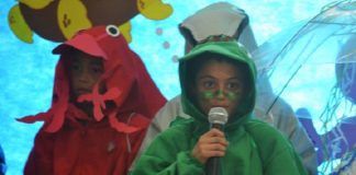 garoto usando fantasia de tartaruga fala ao microfone; há outro atrás fantasiado de caranguejo