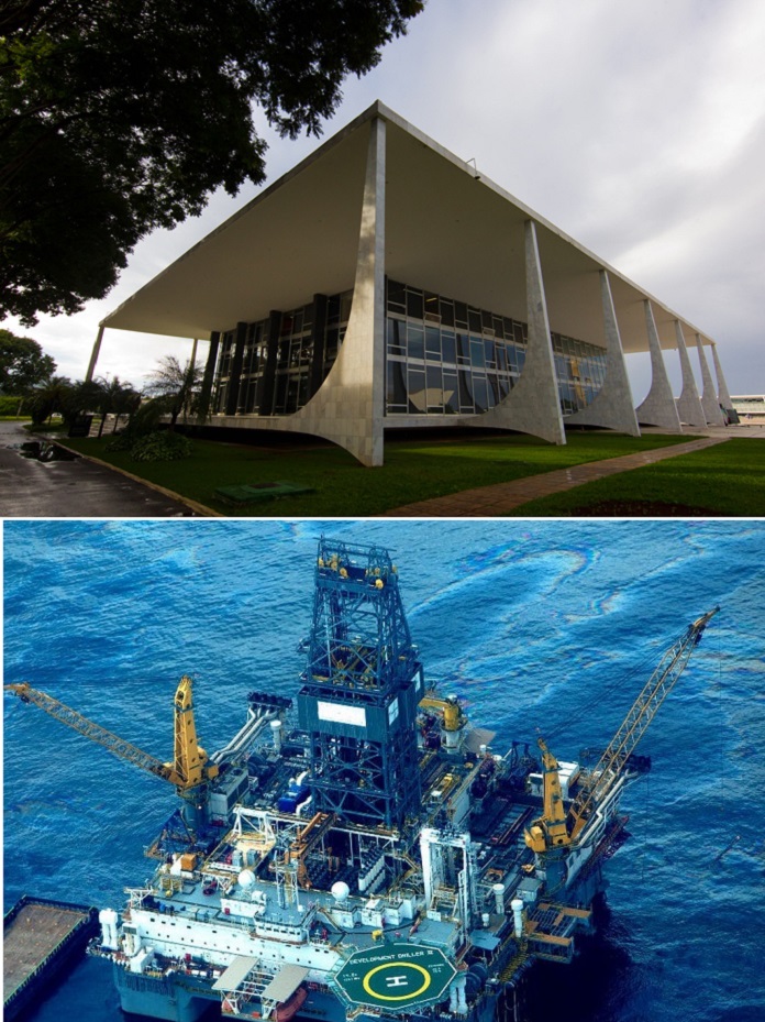 composição de fotos com a fachada externa do stf e uma plataforma de petróleo em alto mar