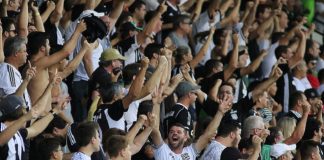 torcida do figueirense em pé em que todos estão com os braços levantados