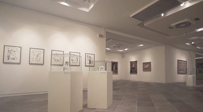 obras de artes (quadros e pequenas esculturas) expostas em ampla galeria do museu masc