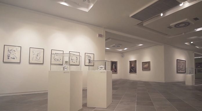 obras de artes (quadros e pequenas esculturas) expostas em ampla galeria do museu masc