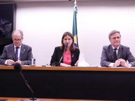 Fórum Parlamentar Catarinense define prioridades carmem fala ao microfone sentada em uma bancada, os estão os senadores de cada lado e uma bandeira do brasil ao fundo