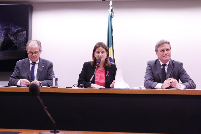 carmem fala ao microfone sentada em uma bancada, os estão os senadores de cada lado e uma bandeira do brasil ao fundo