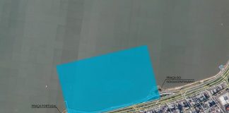 foto de satélite da av. beira-mar norte mostrando um retângulo desenhado sobre o mar onde será a marina