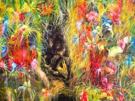 parte da tela em que muitas flores e o rosto de um primata