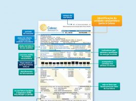 reprodução de uma fatura de energia da celesc com quadros indicativos de cada elemento
