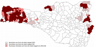 mapa dos municípios de santa catarina com aqueles infestados marcados com com, os outros em branco
