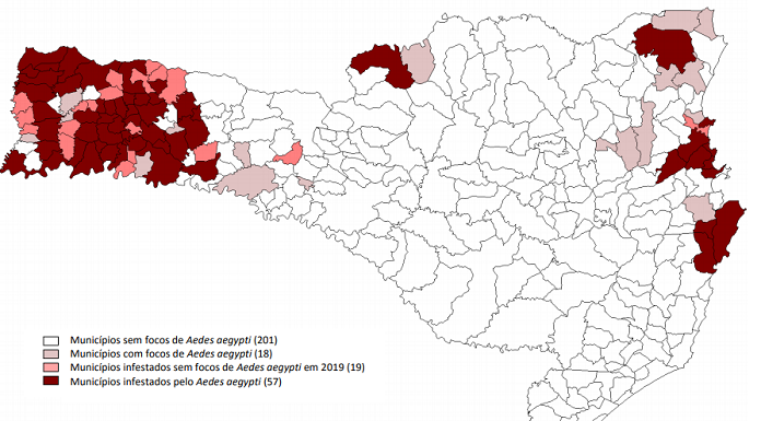 mapa dos municípios de santa catarina com aqueles infestados marcados com com, os outros em branco