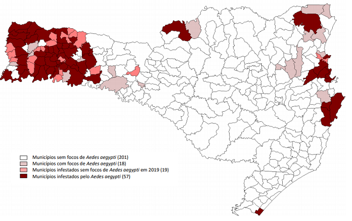 mapa dos municípios de santa catarina com aqueles infestados marcados com com, os outros em branco