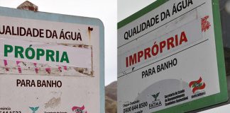 montagem de fotos com placas indicativas da qualidade da água; uma própria, outra imprópria