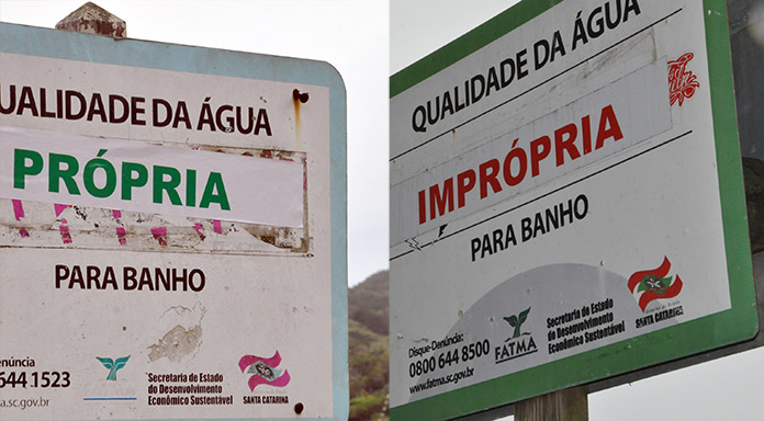 montagem de fotos com placas indicativas da qualidade da água; uma própria, outra imprópria