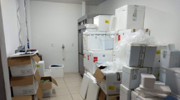 pequena sala cheia de caixas diversas de papelão e isopor empilhadas