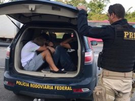 PRF prende em Barra Velha assaltantes da Grande Florianópolis agente da prf segura tampa de porta mala para fechar com os assaltantes algemados dentro do veículo