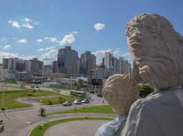 foto na altura da cabeça da estátua com a cidade de fundo