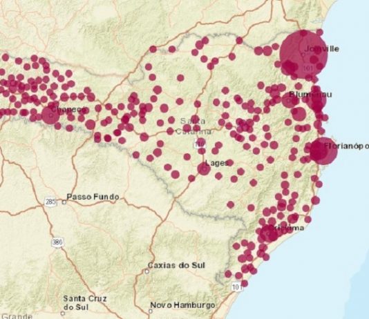 Plataforma com dados de acidentes de trabalho no Brasil mostra os cenários em cada estado, como no caso de SC: muitos registros na região de Joinville e da Grande Florianópolis - Imagem: MPT/Reprodução/CSC