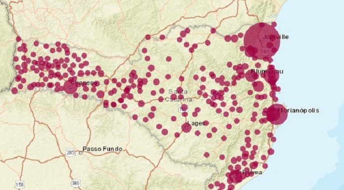 Plataforma com dados de acidentes de trabalho no Brasil mostra os cenários em cada estado, como no caso de SC: muitos registros na região de Joinville e da Grande Florianópolis - Imagem: MPT/Reprodução/CSC