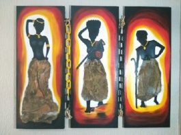 reprodução de quadro de rosie ames em que há três figuras de mulheres negras com mesmos trajes
