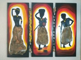Bienal Afro começa em novembro em Florianópolis e Porto Alegre reprodução de quadro de rosie ames em que há três figuras de mulheres negras com mesmos trajes