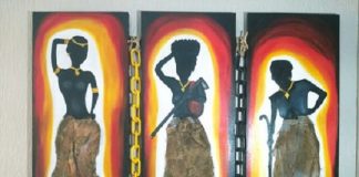 reprodução de quadro de rosie ames em que há três figuras de mulheres negras com mesmos trajes