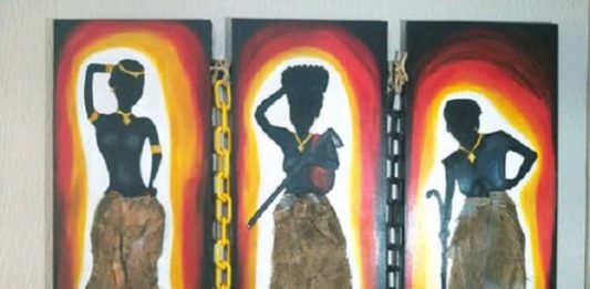 reprodução de quadro de rosie ames em que há três figuras de mulheres negras com mesmos trajes