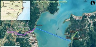 mapa da grande florianópolis mostrando o caminho da linha de transmissão entre biguaçu e ratones