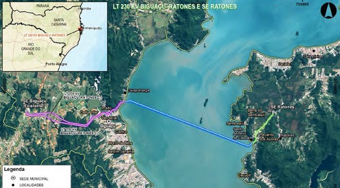 mapa da grande florianópolis mostrando o caminho da linha de transmissão entre biguaçu e ratones